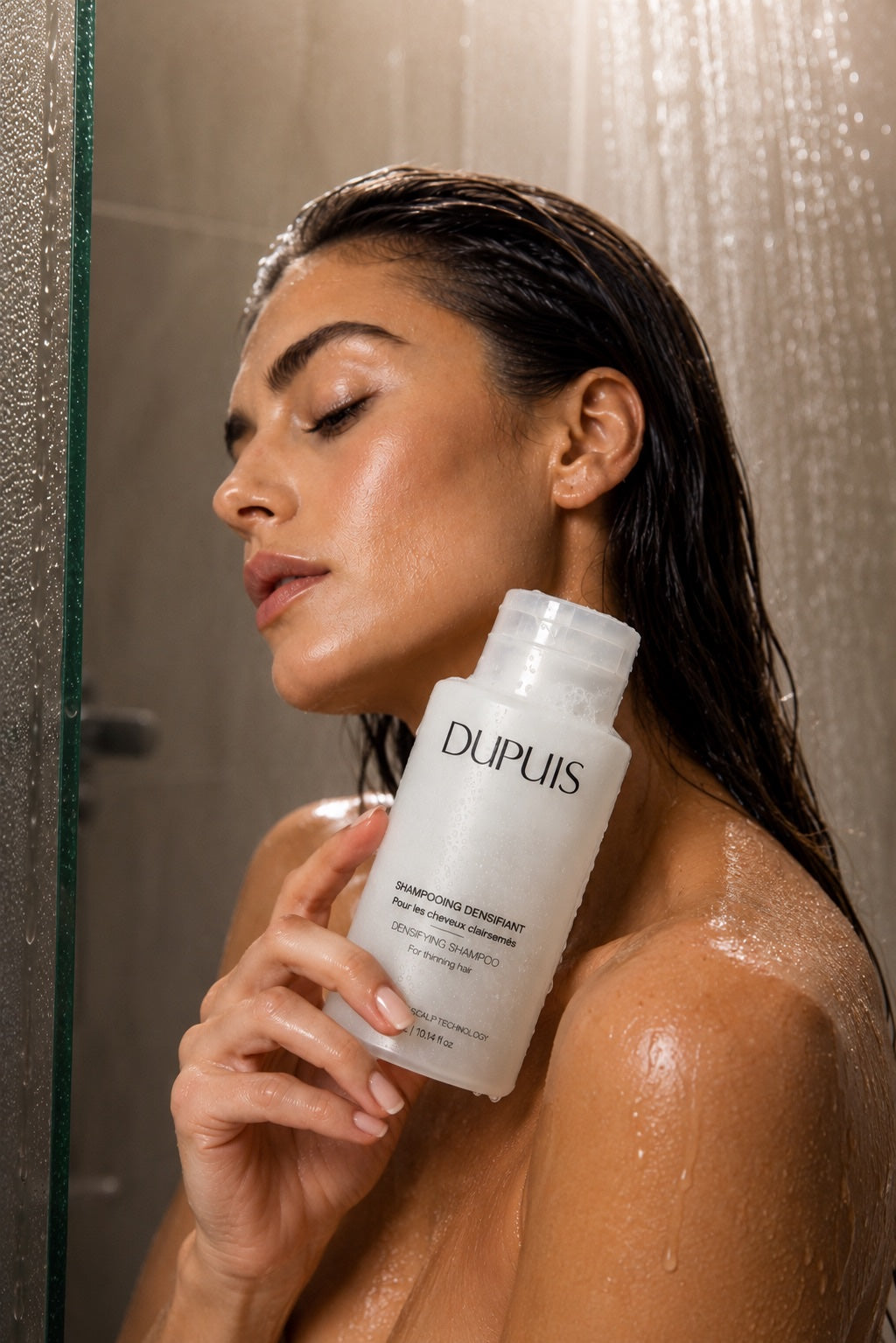 Woman in the shower holding the DUPUIS Densifying Shampoo